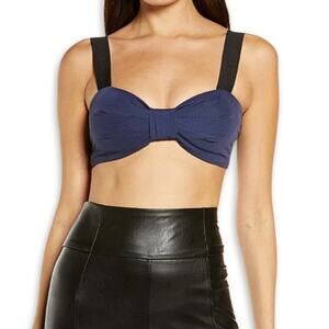 William Okpo Bra Top Bow Front Tie-Back Adjustable Wide Straps Blue W US 10 NWOT